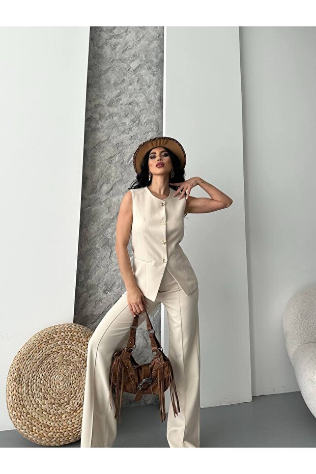 Women's Top and Bottom Set Stylish Button Detail Premium Vest Pants Two-Piece Suit