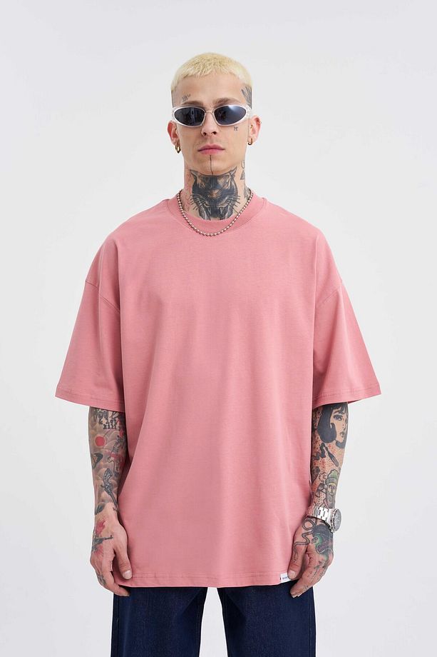 Erkek Basic Super Pamuklu Oversize Mercan Tişört - 1