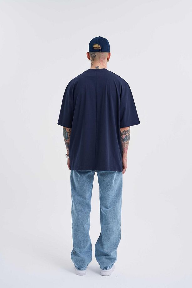 Erkek Basic Super Pamuklu Oversize Lacivert Tişört - 5