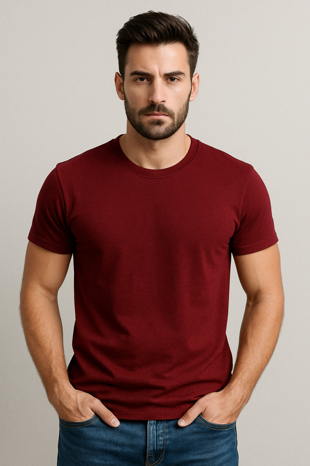 Men's Crew Neck Short Sleeve T-Shirt Claret Red