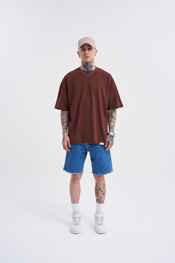 Erkek Basic Super Pamuklu Oversize Çikolata Tişört - 4