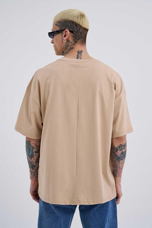 Erkek Basic Super Pamuklu Oversize Bej Tişört - 4