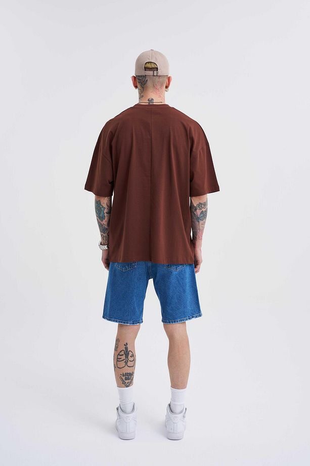 Erkek Basic Super Pamuklu Oversize Çikolata Tişört - 5