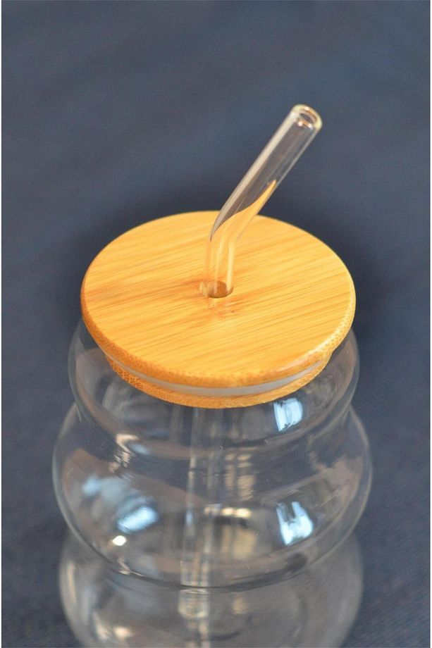 2 Adet 450 Ml Bambu Kapaklı Cam Pipetli Pinterest Bardak - Borosilikat Kahve Sunum Bardağı 401305 - 4