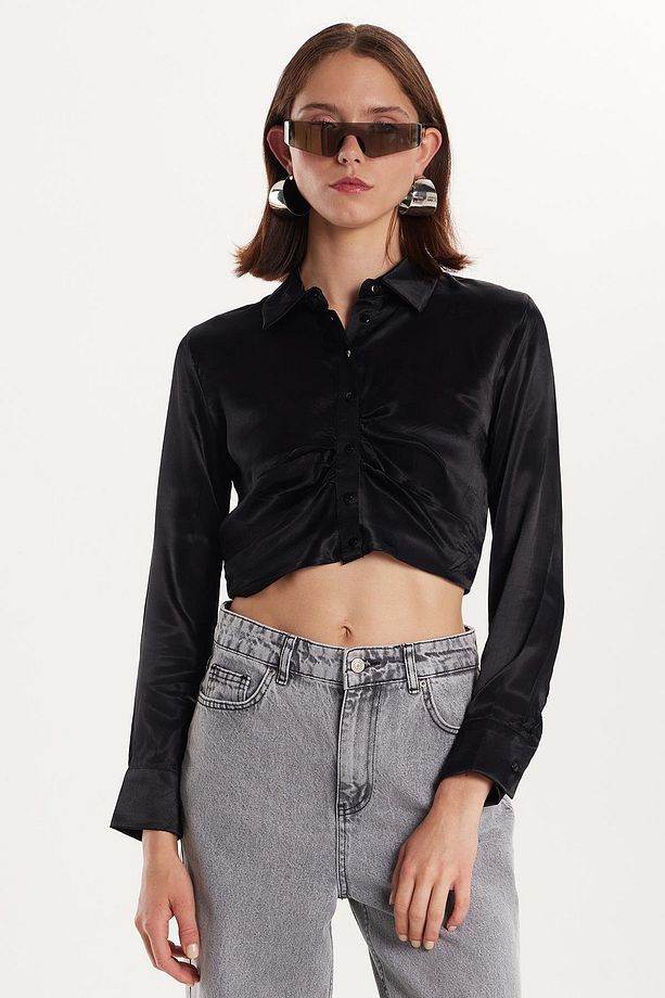 Kadın Slim Fit Dar Kesim Uzun Kollu Klasik Yaka Siyah Gömlek - 4