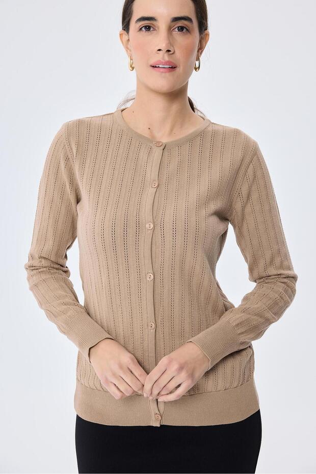 Celine, Ajur Örgülü Kadın Triko Hırka - KAMEL - 8