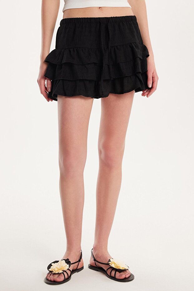 Women's Standard Fit Lace-Up Pleated Patterned Black Mini Skirt