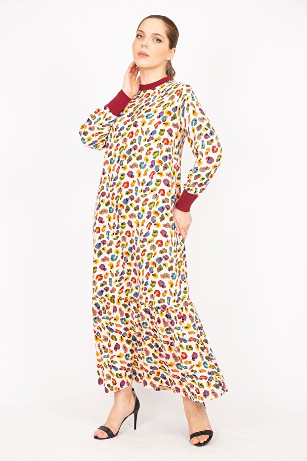 Dámské barevné, velké, tkané dlouhé šaty z viskózové tkaniny s žebrovaným límcem a manžetou 65n35830 - 4