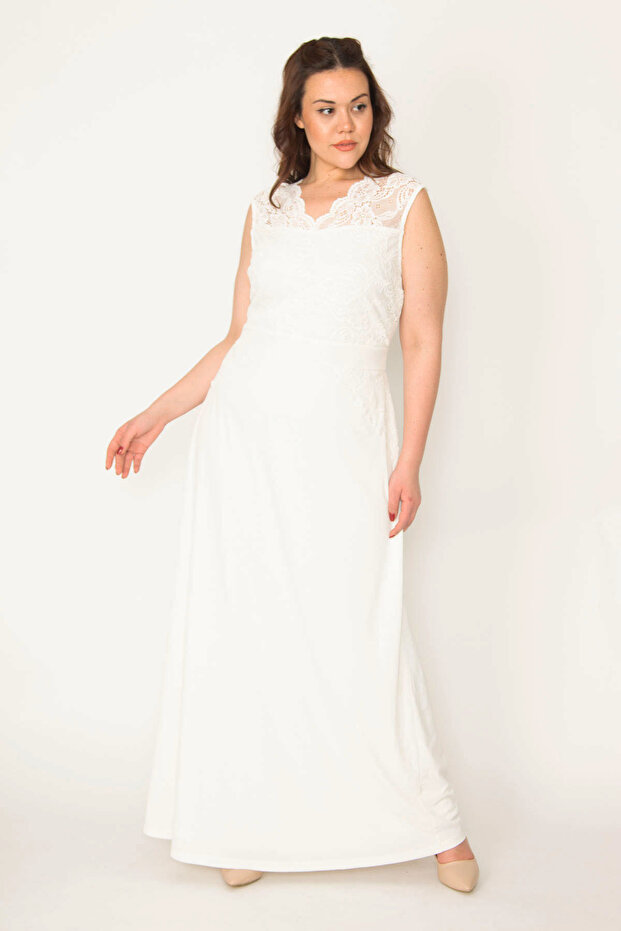 Women's Large Size Bone Lace Detailed Lined Long Dress 65N36782
