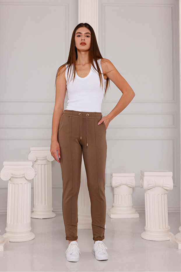 Nevrur Stitched Waist Elastic Bag Pocket Pants