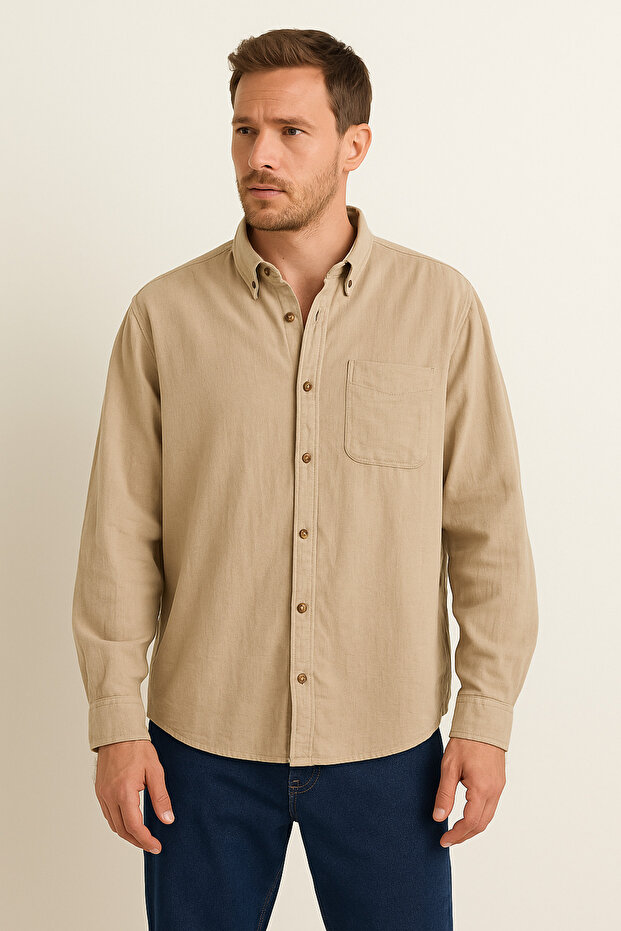 Men's Beige Comfortable Fit Long Sleeve Buttoned Pocket Shirt