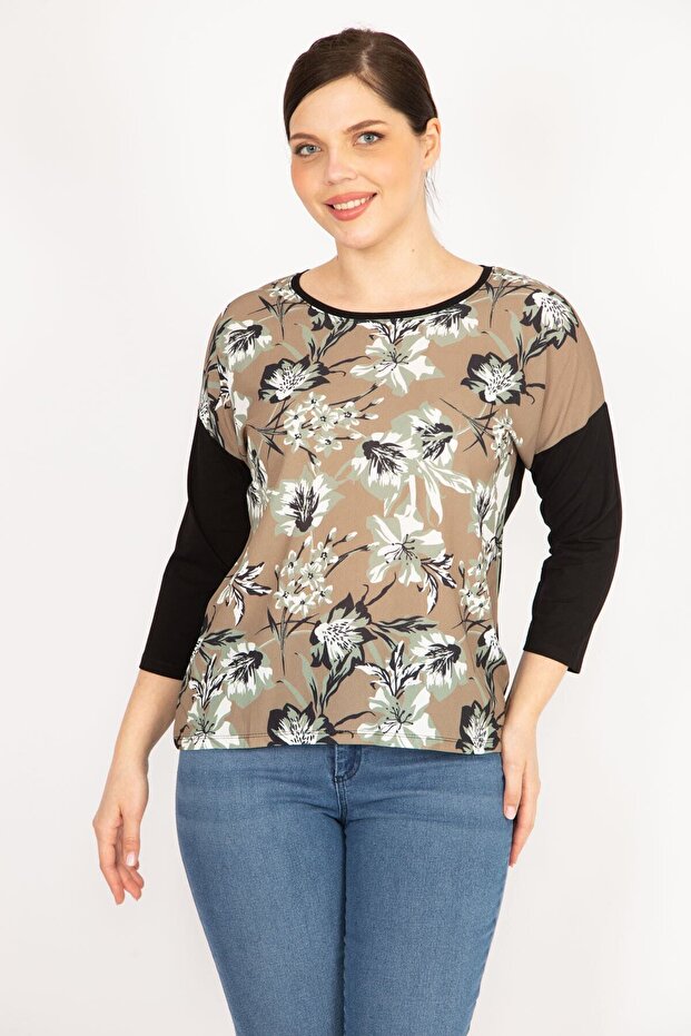 Women's Khaki Plus Size Front Patterned Long Sleeve Blouse 65n36057