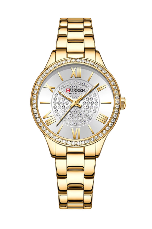 9084 Original Brand Stainless Steel Band Wrist Watch For Women With Box (Gold White)