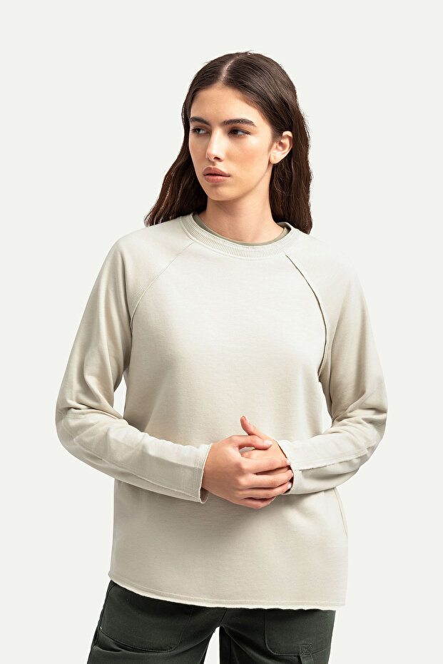 Unisex Basic Çift Taraflı Sweatshirt - Lyuga - Bone - 5