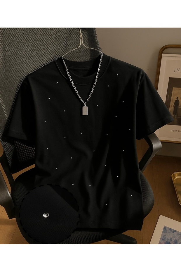 Women's Black Shiny Stone Trimmed Basic Crew Neck T-Shirt