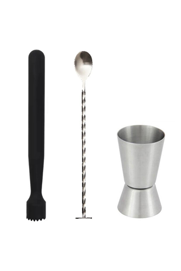 Black Mojito Muddler and Bar Set, 25 cm Jigger and Spoon Set