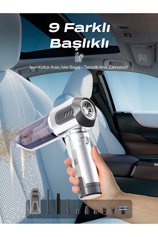 AHV-14 2'si 1 Arada Kablosuz Araç İçi Süpürge Gümüş | 18000PA Güçlü Vakum + Üfleme | Cam Kırıcı - 5