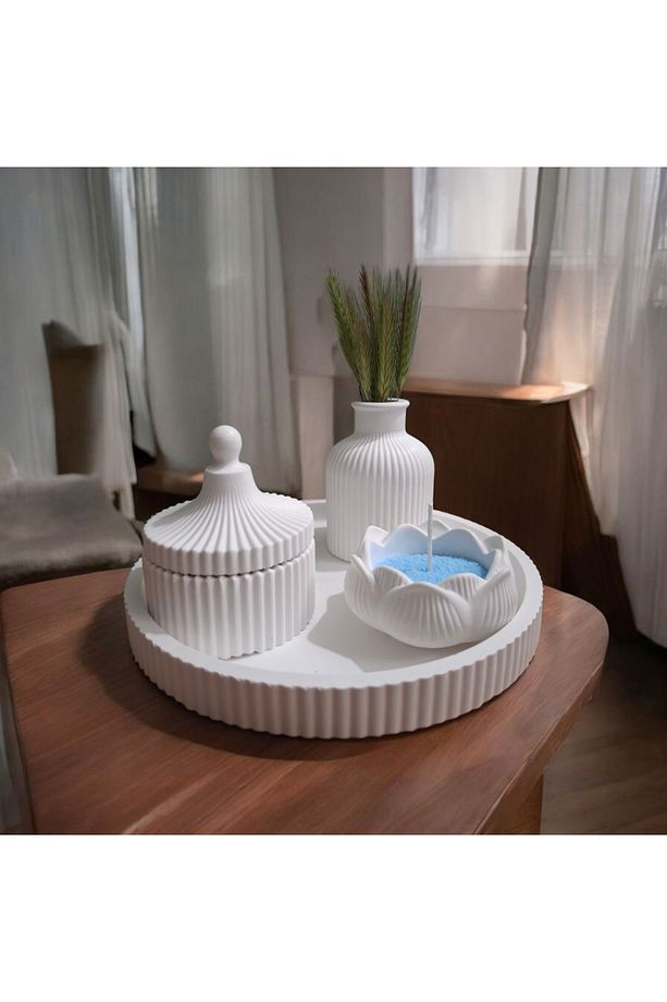 4lü Sunum Tepsi Set Lotus Çiçek Kapaklı Şekerlik Minimal Vazo Pampas ,dekoratif Tepsi Set - 2