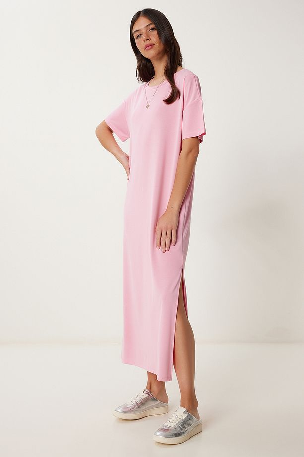 Oversize Basic Yazlık Örme Elbise PEMBE LUB0082 - 3
