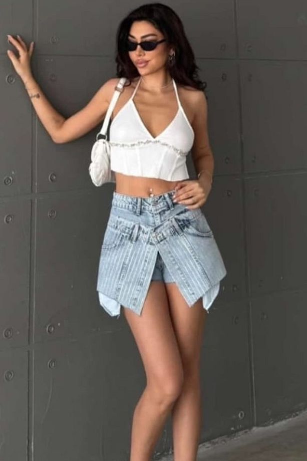 Taşlı Likralı Jeans Şort - 3