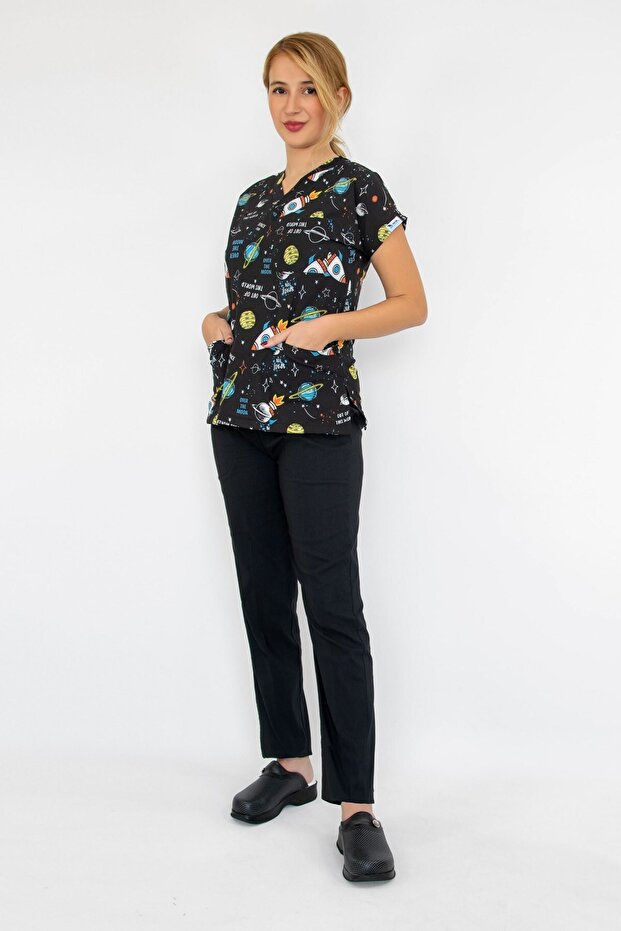 Unisex Black Planet Patterned Master Lycra Doctor Nurse Scrubs Uniform Set