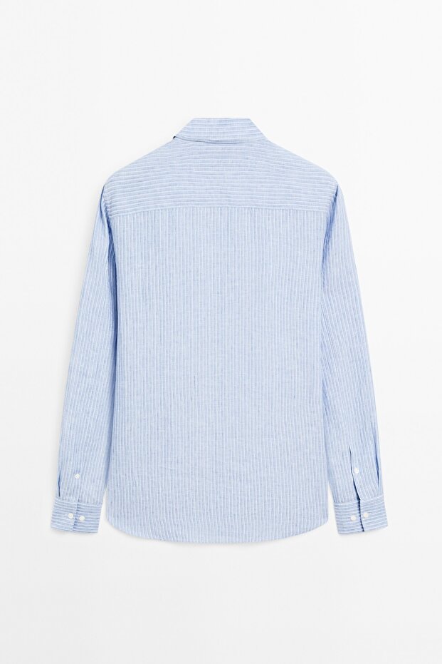 Regular fit çizgili %100 keten gömlek - 9