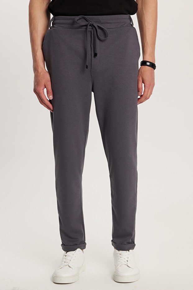 Men's Slim Fit Cotton Tie Waist Side Pockets Folded Leg Jogger Anthracite Trousers