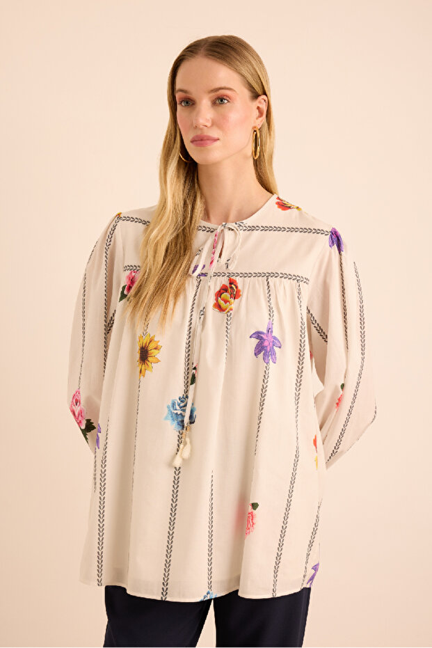 Çicek Desenli Cotton Bluz - 4