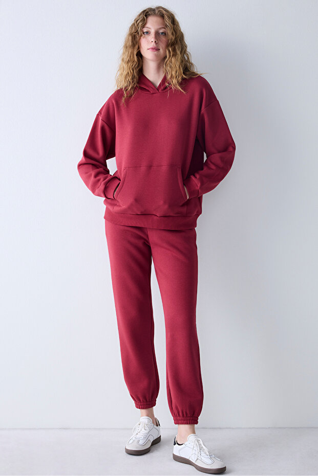 Bordo Kapüşonlu Oversize Şardonlu Sweatshirt - 3