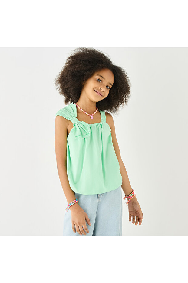 بلوزة سادة بدون أكمام مع تطريز فيونكة ورقبة مربعة - 1