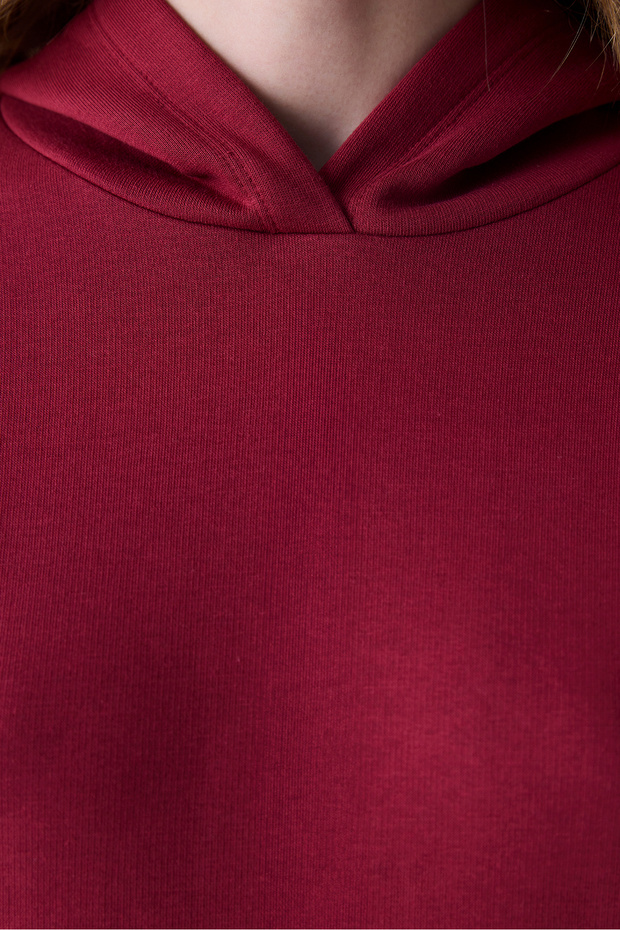 Bordo Kapüşonlu Oversize Şardonlu Sweatshirt - 5