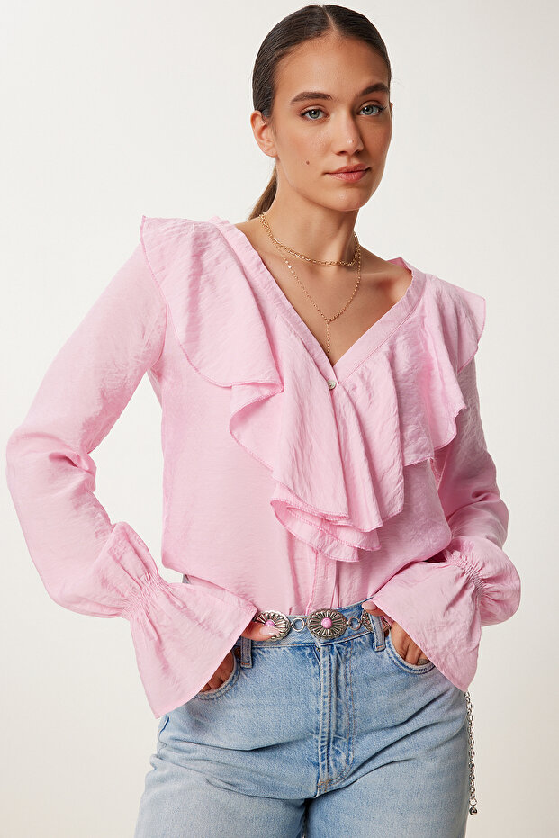 Flounced Buttoned V-Neck Linen Blended Blouse Light Pink Ldp0049
