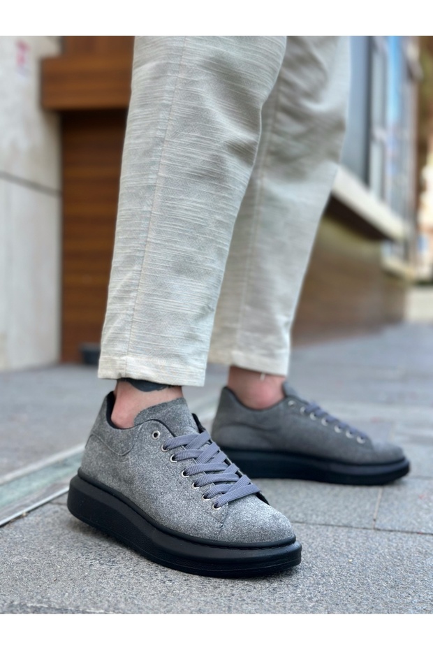 Ba0547 Thick High Sole Gray Black Suede Lace-Up Sports Men's Shoes