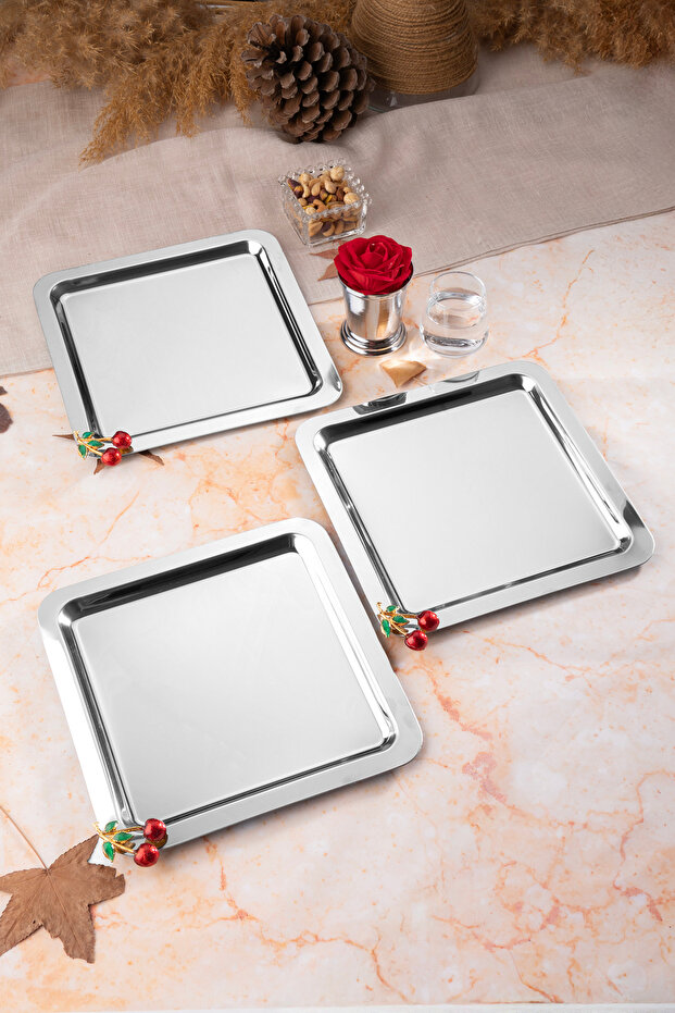 3-Piece Luxury Cherry Silver Square Accessories Stainless Steel Coffee, Tea, Decorative Presentation Serving Tray