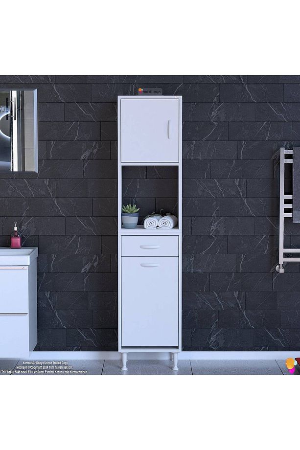 45x173x32,5 cm – 1 Çekmece, 1 Sepetli Göz ve 3 Raflı Çok Amaçlı Akıllı Dolap Mutfak Dolabı - 4