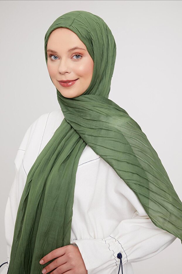 Yeşil Pliseli Pamuklu Şal - 1