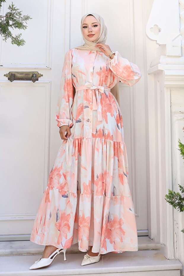 Patterned Hijab Dress Salmon 558