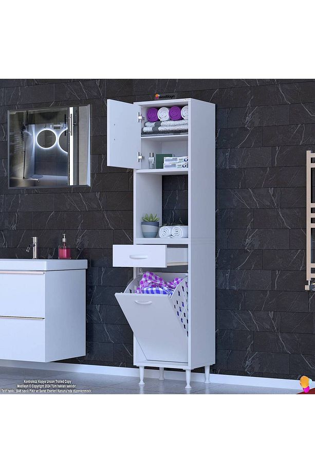45x173x32,5 cm – 1 Çekmece, 1 Sepetli Göz ve 3 Raflı Çok Amaçlı Akıllı Dolap Mutfak Dolabı - 3