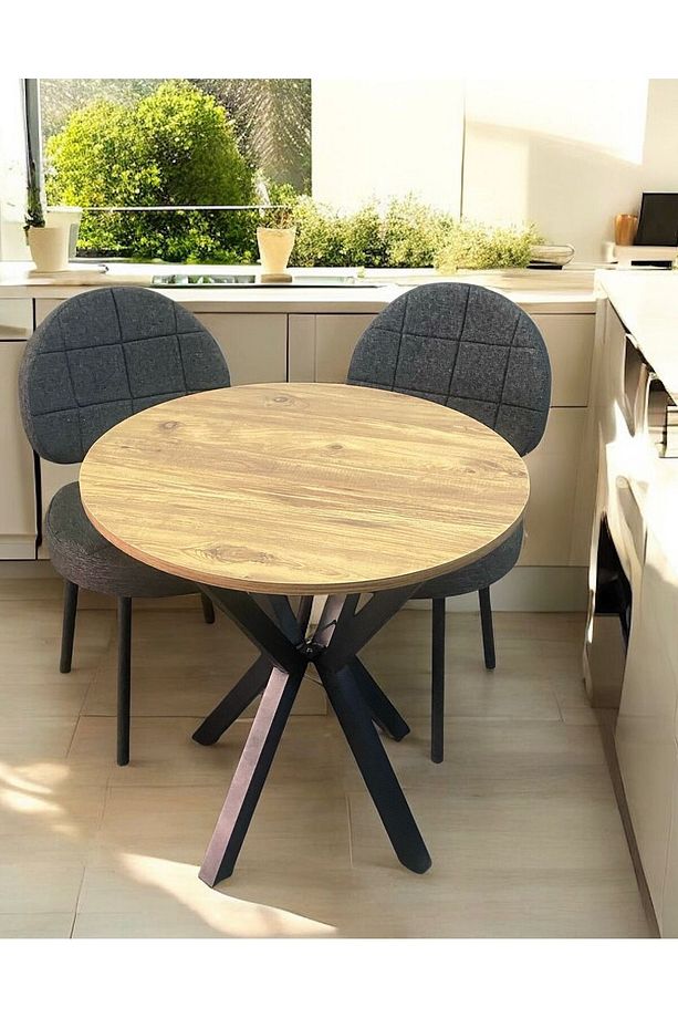 Bambeds Mobilya 70x70 Çam Yuvarlak Balkon Masa Ahtapot Ayak Armut Keten Sandalye 2 Adet - 5