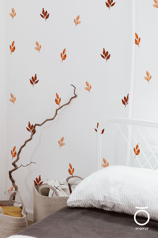 Modern Stil, Dekoratif Minimal Yanık Turuncu Yapraklar, Ev Dekorasyonu Şeffaf Duvar Sticker, 40 Adet - 2