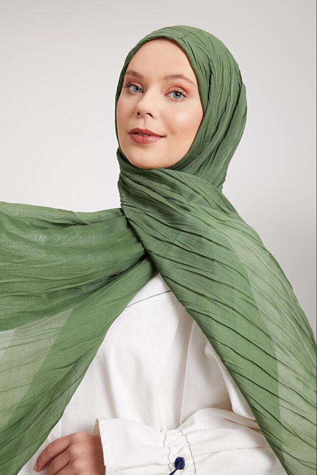 Yeşil Pliseli Pamuklu Şal - 2