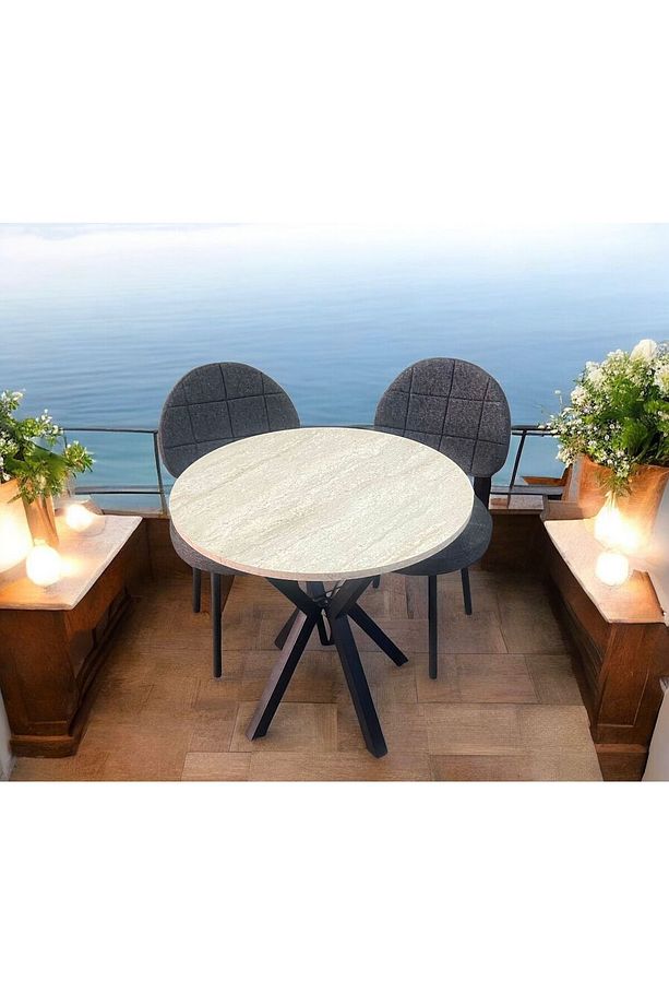 Bambeds Mobilya 70x70 Trevertan Yuvarlak Balkon Masa Ahtapot Ayak Armut Keten Sandalye 2 Adet - 3