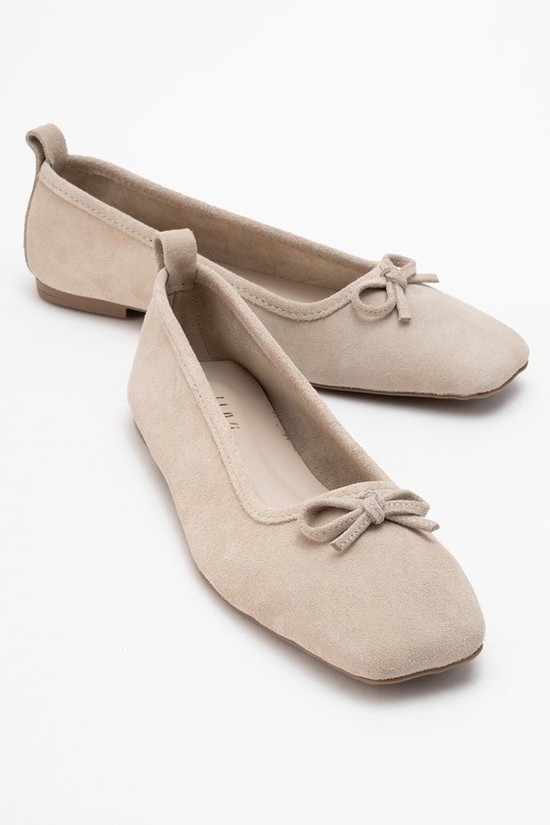 Sosa Beige Suede Genuine Leather Blunt Toe Bow Women's Ballerina Shoes