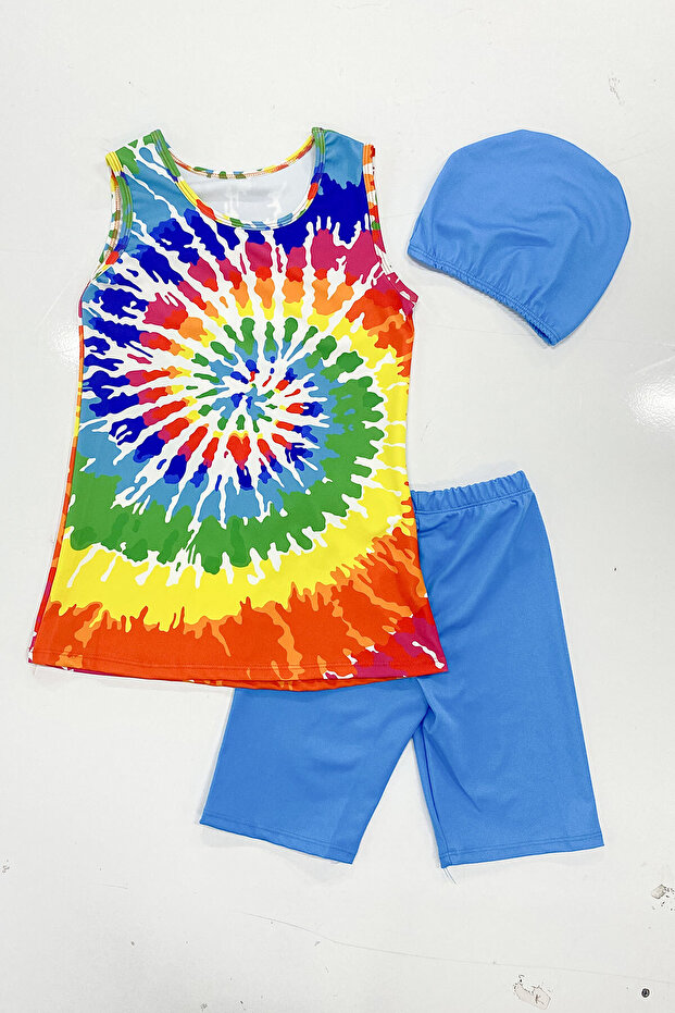 Tie Dye Patterned Boned Girls' Triple Swimsuit Sleeveless Set