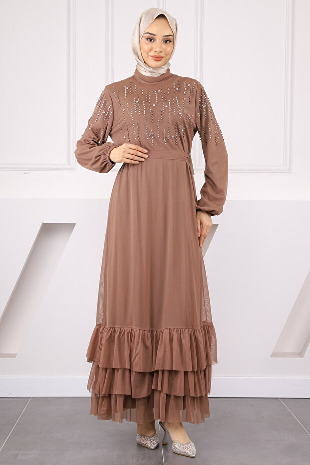 Mink Skirt Ruffled Beaded Chiffon Evening Dress