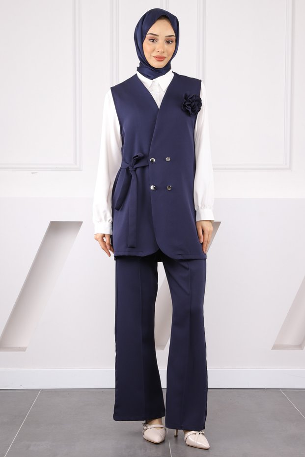 Navy Blue Shirt Vest Pants Combination Set