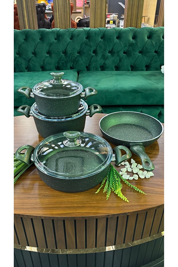 Green Color Granite 7 Pcs Fireproof Non-Stick Pot & Pan Set Glass Lid - 1