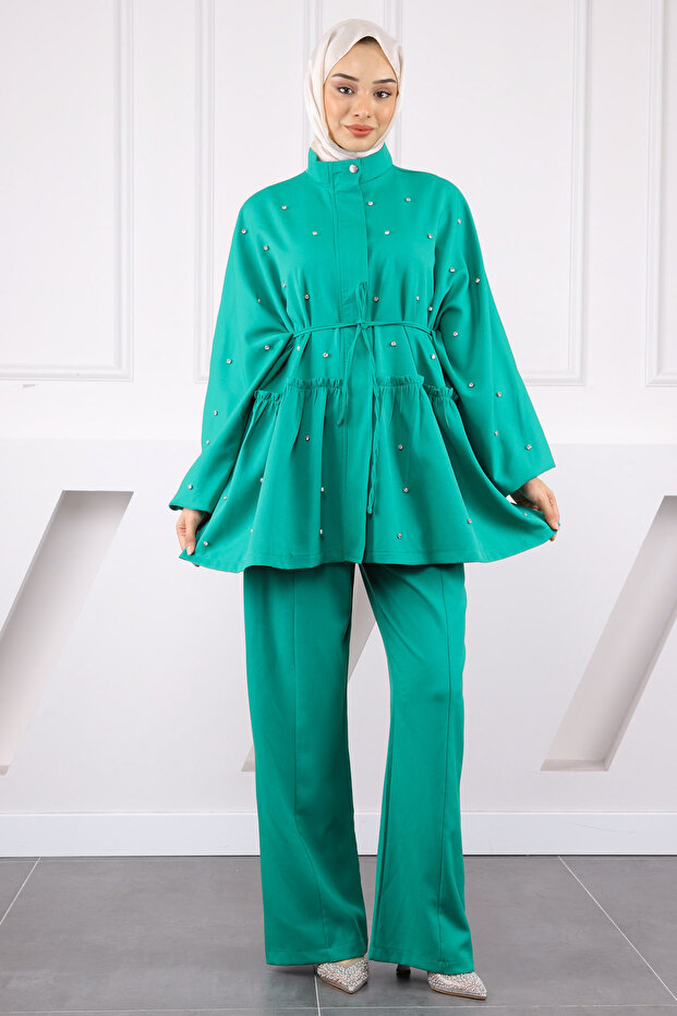 Green Bat Sleeve Dumbbell Tunic Pants Suit