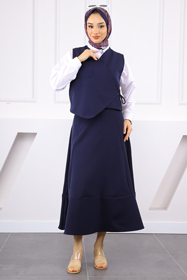 Navy Blue Single Pocket Vest Skirt Suit