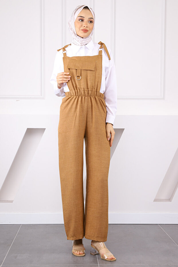 Brown Linen Jumpsuit with Pocket Detail